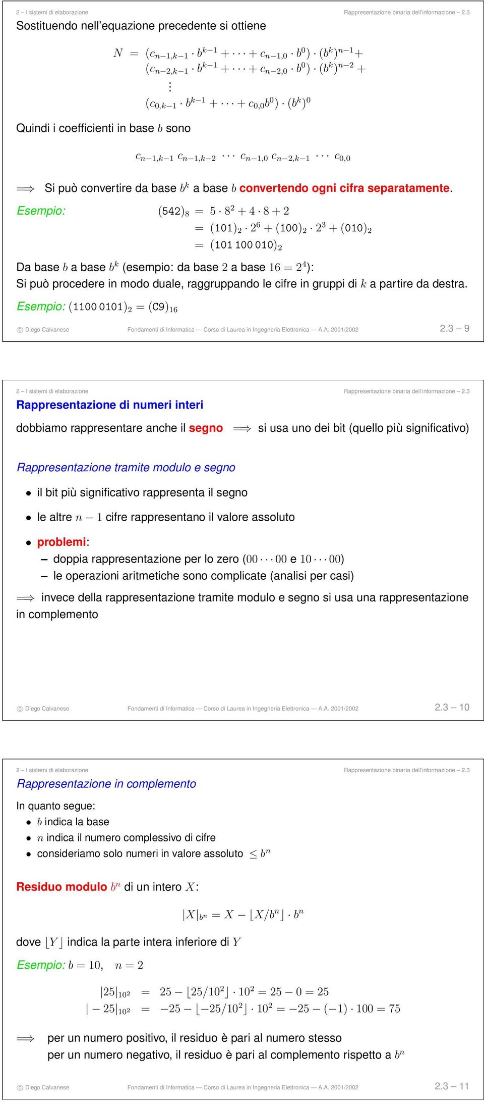 Esempio: (542) 8 = 5 8 2 + 4 8 + 2 = (101) 2 2 6 + (100) 2 2 3 + (010) 2 = (101 100 010) 2 Da base b a base b k (esempio: da base 2 a base 16 = 2 4 ): Si può procedere in modo duale, raggruppando le