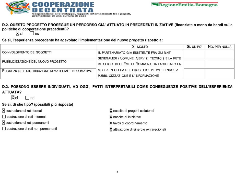 MATERIALE INFORMATIVO SÌ, MOLTO SÌ, UN PO NO, PER NULLA IL PARTENARIATO GIÀ ESISTENTE FRA GLI ENTI SENEGALESI (COMUNE, SERVIZI TECNICI) E LA RETE DI ATTORI DELL EMILIA ROMAGNA HA FACILITATO LA MESSA