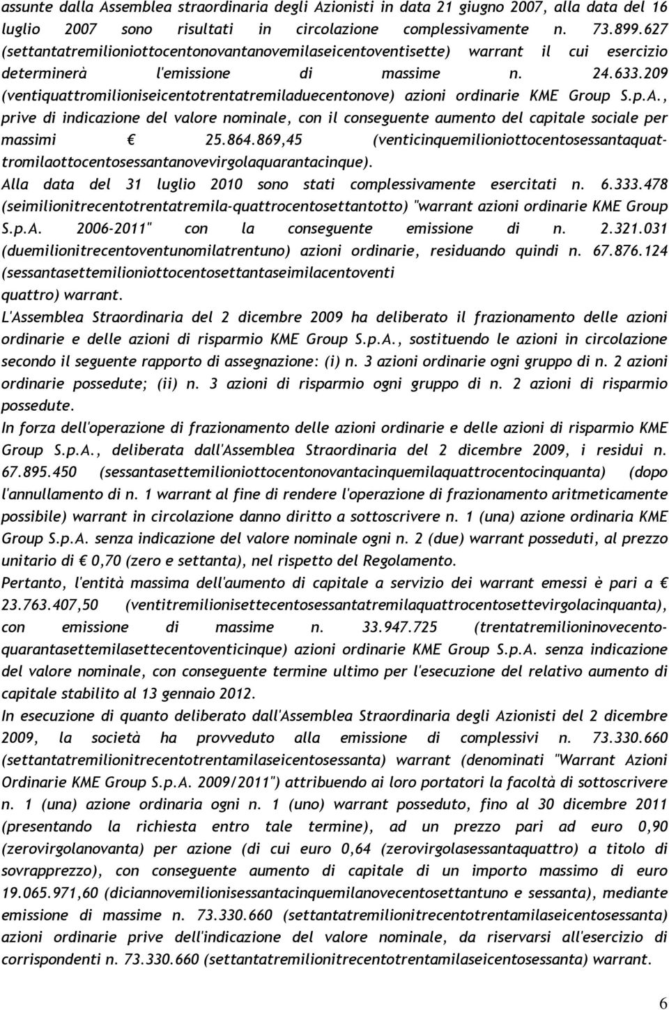 209 (ventiquattromilioniseicentotrentatremiladuecentonove) azioni ordinarie KME Group S.p.A., prive di indicazione del valore nominale, con il conseguente aumento del capitale sociale per massimi 25.