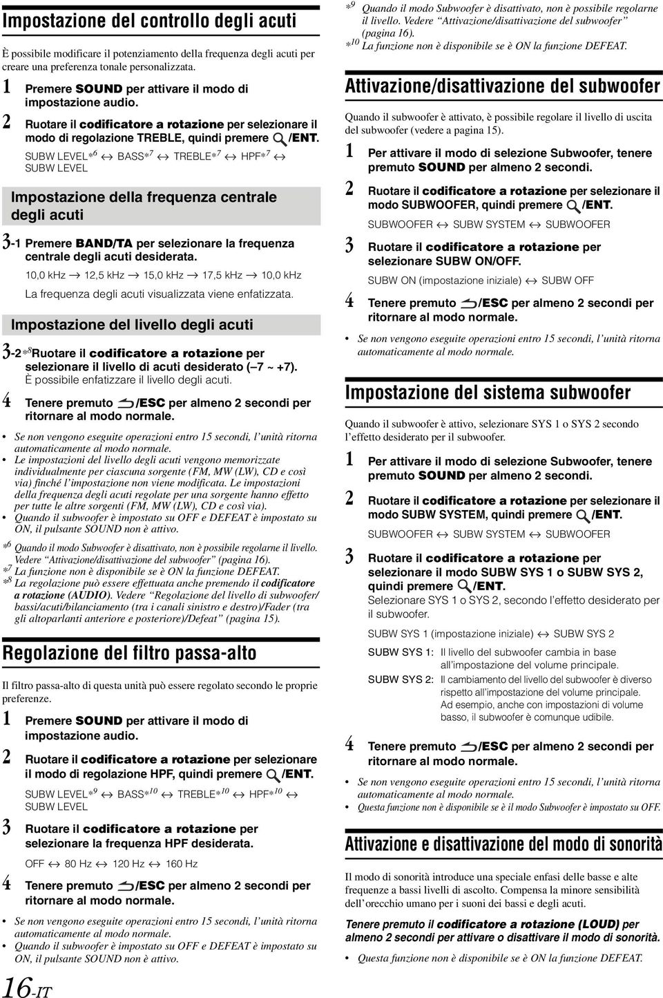 SUBW LEVEL* 6 BASS* 7 TREBLE* 7 HPF* 7 SUBW LEVEL Impostazione della frequenza centrale degli acuti 3-1 Premere BAND/TA per selezionare la frequenza centrale degli acuti desiderata.