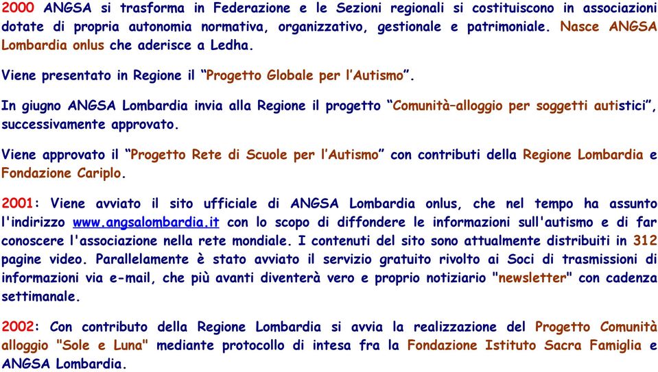 In giugno ANGSA Lombardia invia alla Regione il progetto Comunità alloggio per soggetti autistici, successivamente approvato.