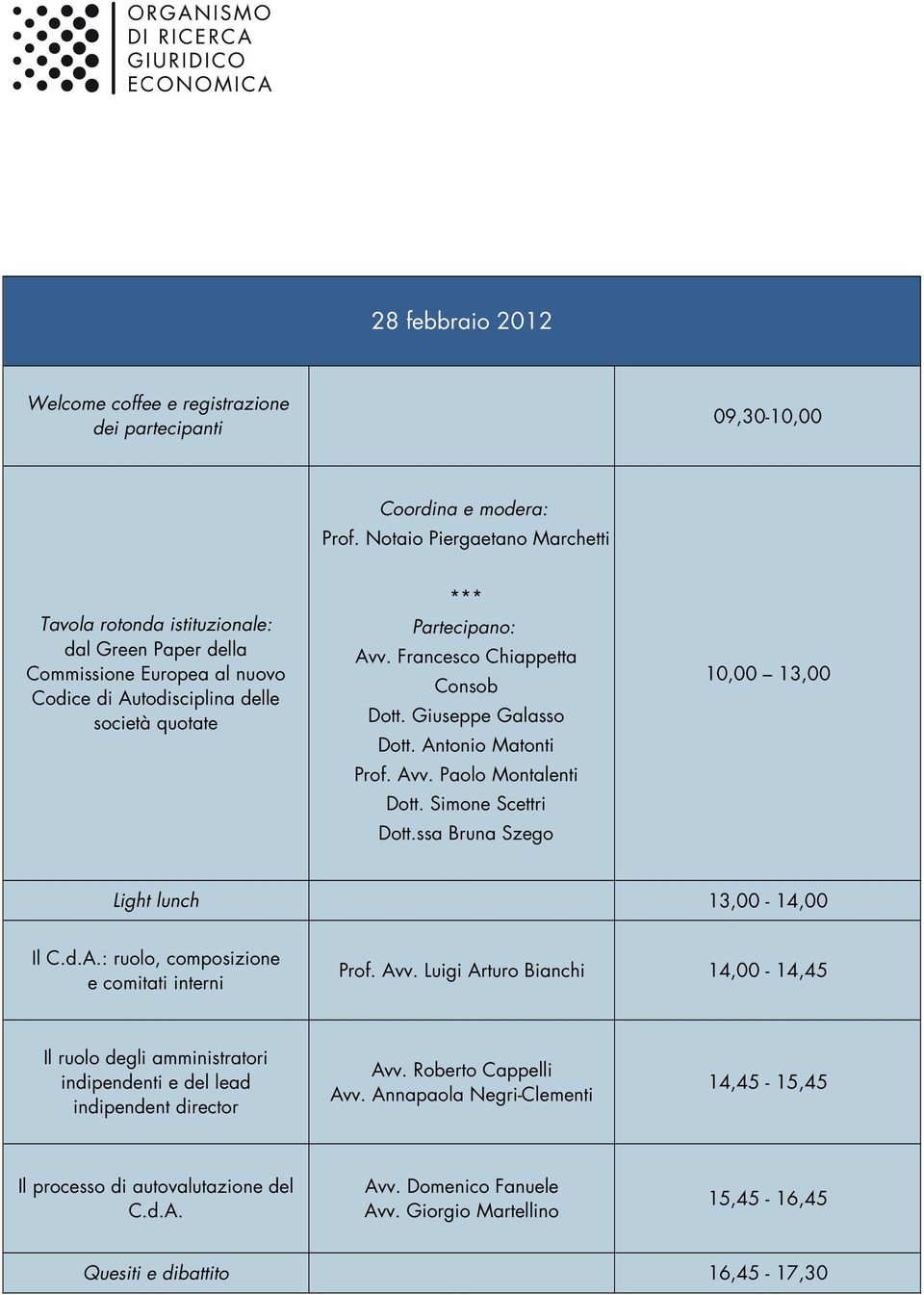 Francesco Chiappetta Consob Dott. Giuseppe Galasso Dott. Antonio Matonti Prof. Avv. Paolo Montalenti Dott. Simone Scettri Dott.ssa Bruna Szego 10,00 13,00 Light lunch 13,00-14,00 Il C.d.A.: ruolo, composizione e comitati interni Prof.