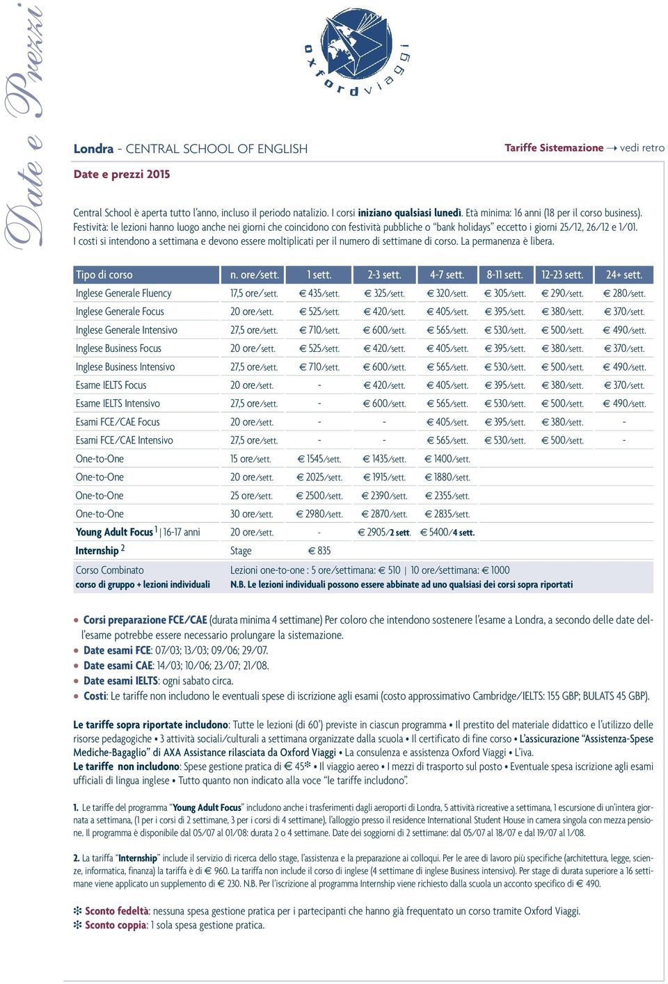 Festività: le lezioni hanno luogo anche nei giorni che coincidono con festività pubbliche o bank holidays eccetto i giorni 25/12, 26/12 e 1/01.