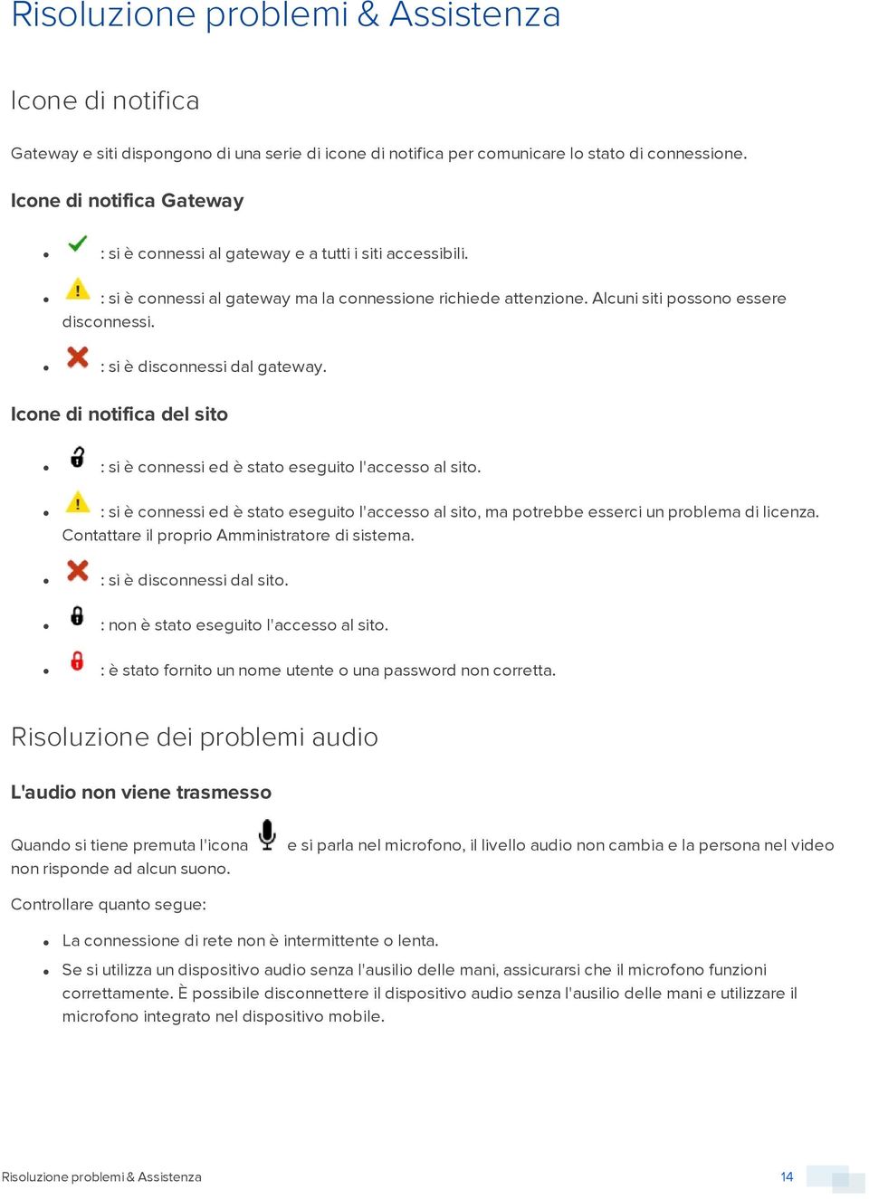 : si è discnnessi dal gateway. Icne di ntifica del sit : si è cnnessi ed è stat eseguit l'access al sit. : si è cnnessi ed è stat eseguit l'access al sit, ma ptrebbe esserci un prblema di licenza.