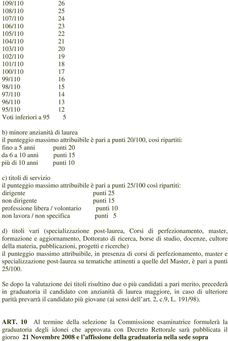 massimo attribuibile è pari a punti 25/100 così ripartiti: dirigente punti 25 non dirigente punti 15 professione libera / volontario punti 10 non lavora / non specifica punti 5 d) titoli vari