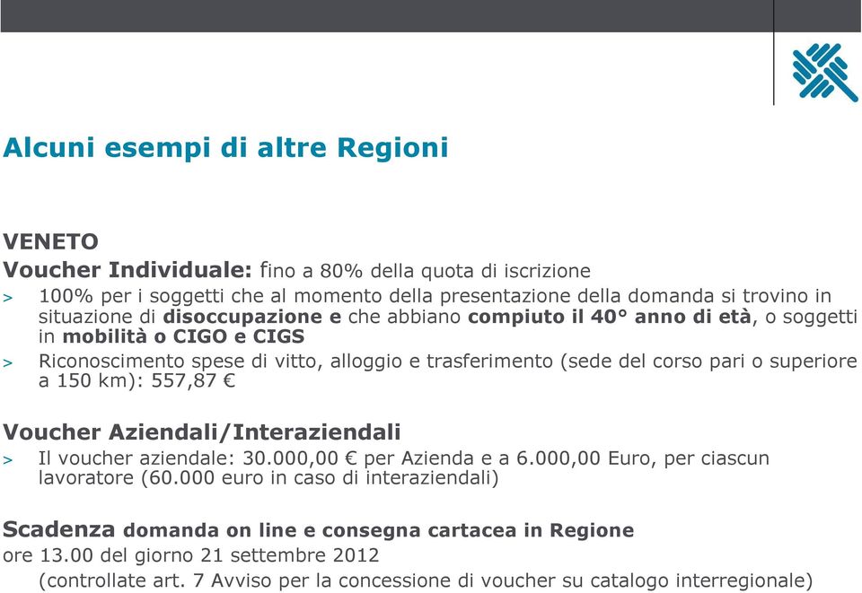 pari o superiore a 150 km): 557,87 Voucher Aziendali/Interaziendali > Il voucher aziendale: 30.000,00 per Azienda e a 6.000,00 Euro, per ciascun lavoratore (60.