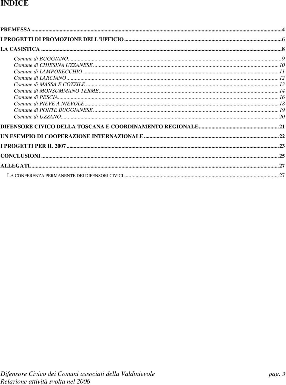 ..16 Comune di PIEVE A NIEVOLE...18 Comune di PONTE BUGGIANESE...19 Comune di UZZANO...20 DIFENSORE CIVICO DELLA TOSCANA E COORDINAMENTO REGIONALE.