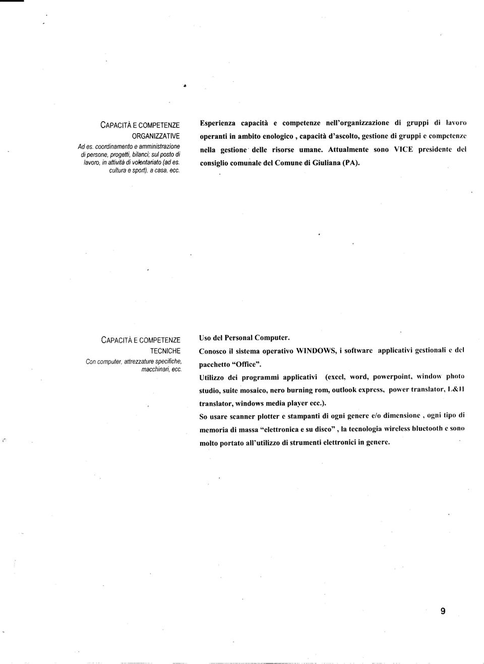 Attualmente sono VICE presidente dei consiglio comunale del Comune di Giuliana (PA). CAPACITÀ E COMPETENZE TECNICHE Con computer, attrezzature specifiche, macchinar'!, ecc. Uso del Personal Computer.