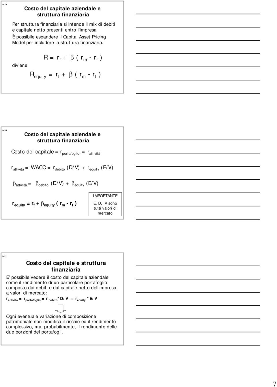 aivià = β debio (D/V) + β equiy (E/V) r equiy = r f + β equiy ( r m -r f ) IMPORTANTE E, D, V sono ui valori di mercao 1-21 E possibile vedere il coso del capiale aziendale come il rendimeno di un