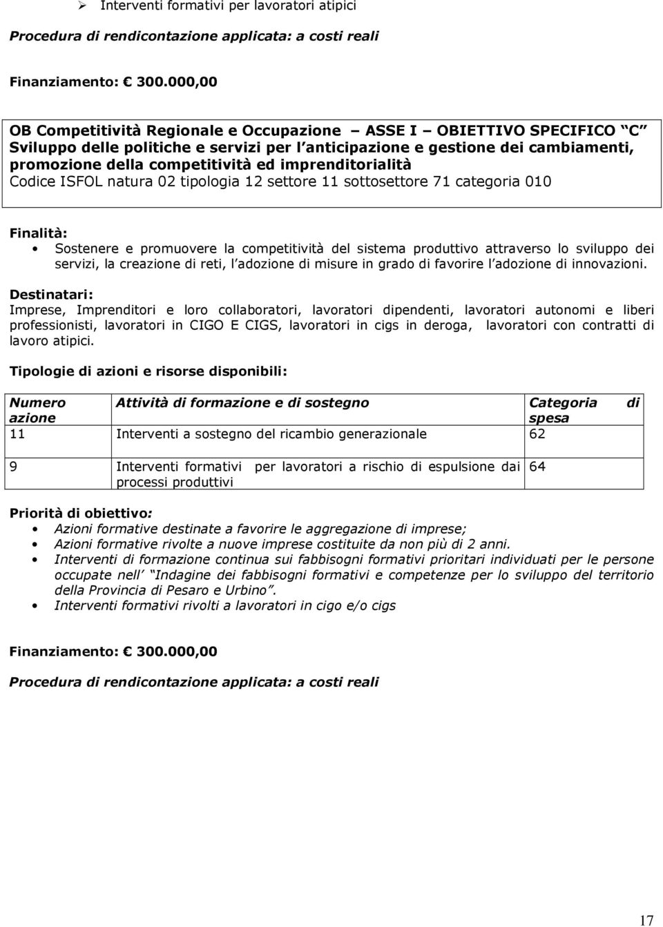 imprenditorialità Codice ISFOL natura 02 tipologia 12 settore 11 sottosettore 71 categoria 010 Finalità: Sostenere e promuovere la competitività del sistema produttivo attraverso lo sviluppo dei