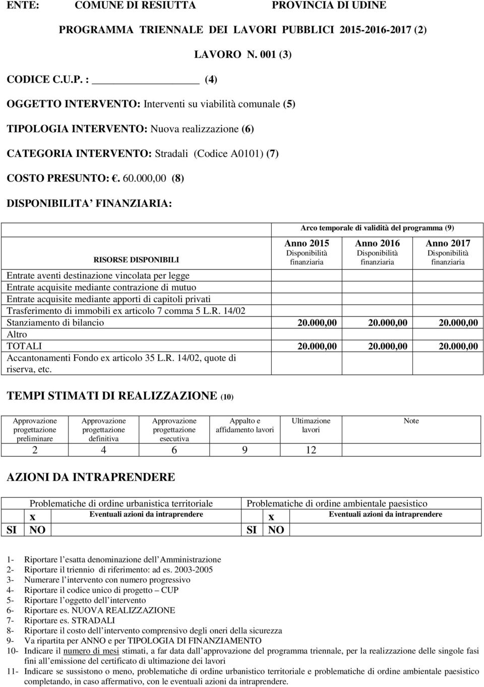 PRESUNTO:. 60.000,00 (8) Entrate aventi destinazione vincolata per legge Trasferimento di immobili e articolo 7 comma 5 L.R. 14/02 20.