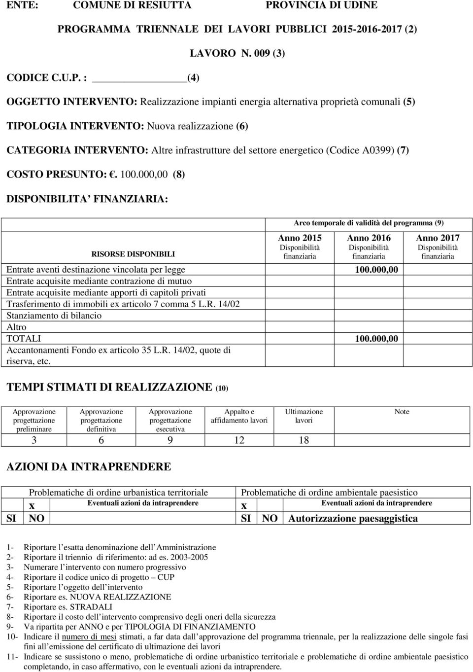 infrastrutture del settore energetico (Codice A0399) (7) COSTO PRESUNTO:. 100.