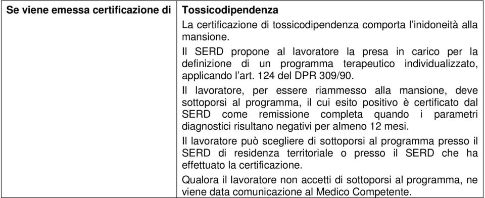 Il lavoratore, per essere riammesso alla mansione, deve sottoporsi al programma, il cui esito positivo è certificato dal SERD come remissione completa quando i parametri diagnostici