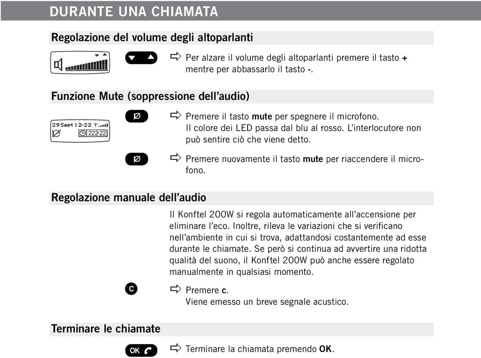 apple Premere nuovamente il tasto mute per riaccendere il microfono. Regolazione manuale dell audio Terminare le chiamate Il Konftel 200W si regola automaticamente all accensione per eliminare l eco.