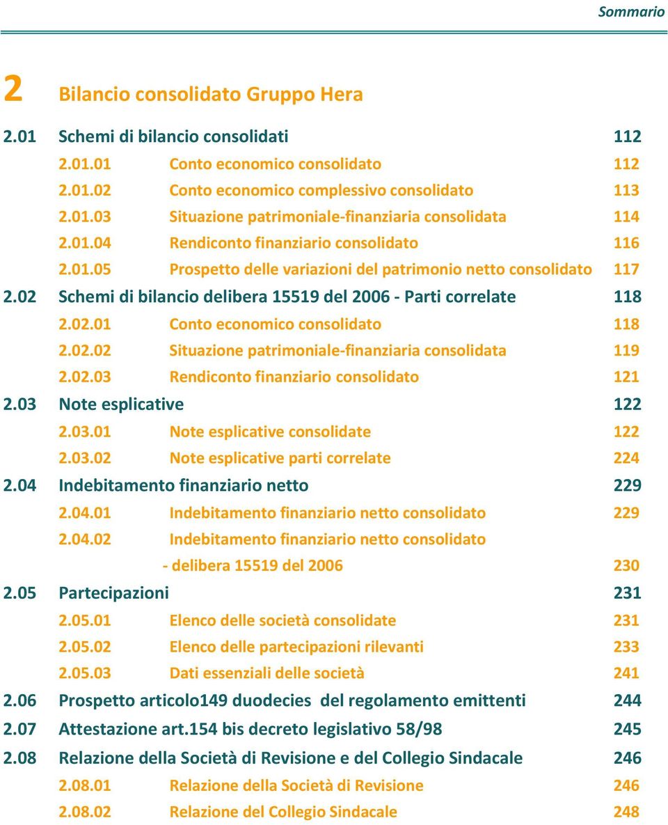 02.02 Situazione patrimoniale finanziaria consolidata 119 2.02.03 Rendiconto finanziario consolidato 121 2.03 Note esplicative 122 2.03.01 Note esplicative consolidate 122 2.03.02 Note esplicative parti correlate 224 2.