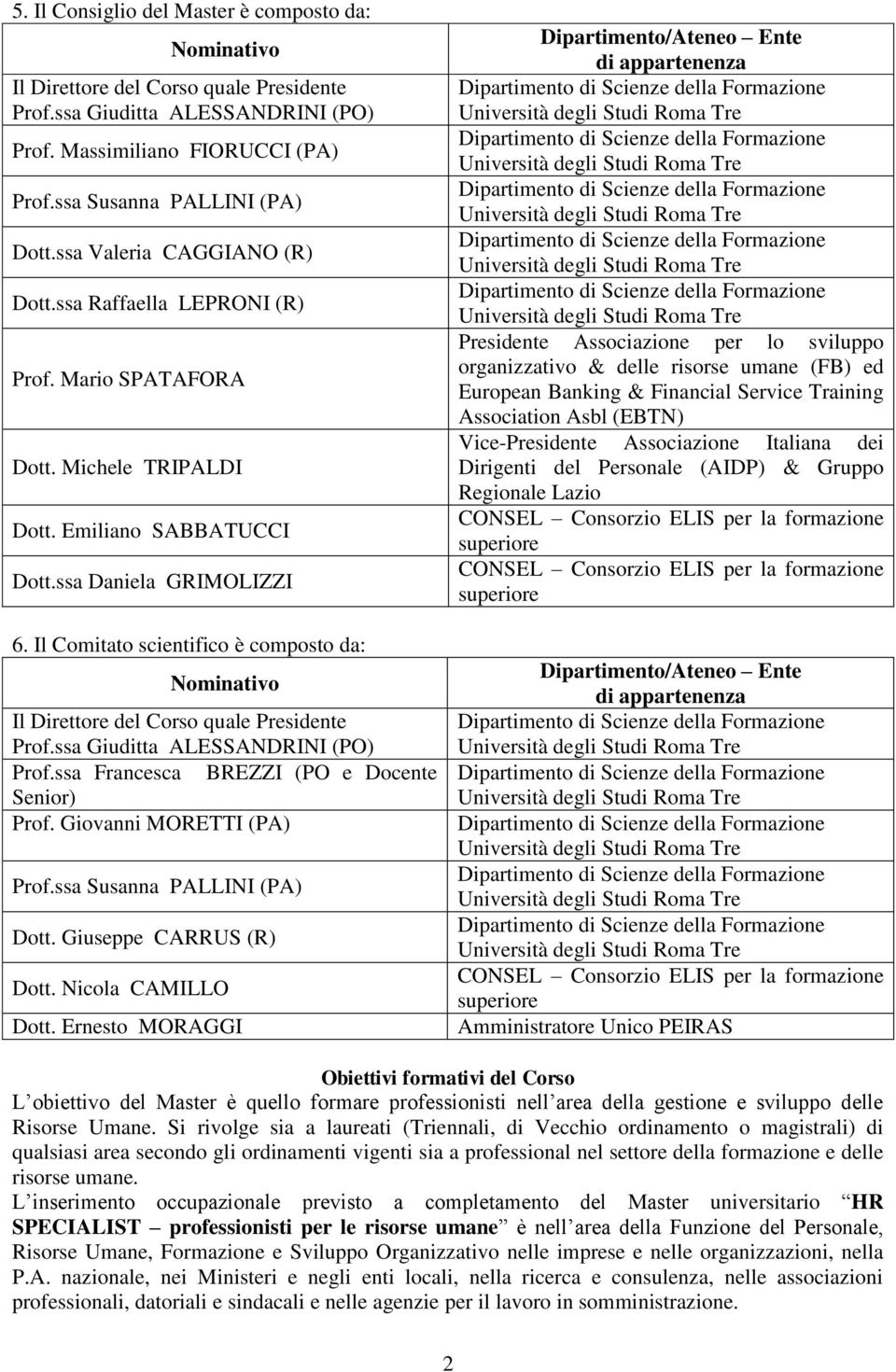 Il Comitato scientifico è composto da: Nominativo Il Direttore del Corso quale Presidente (PO) Prof.ssa Francesca BREZZI (PO e Docente Senior) Prof. Giovanni MORETTI (PA) Prof.