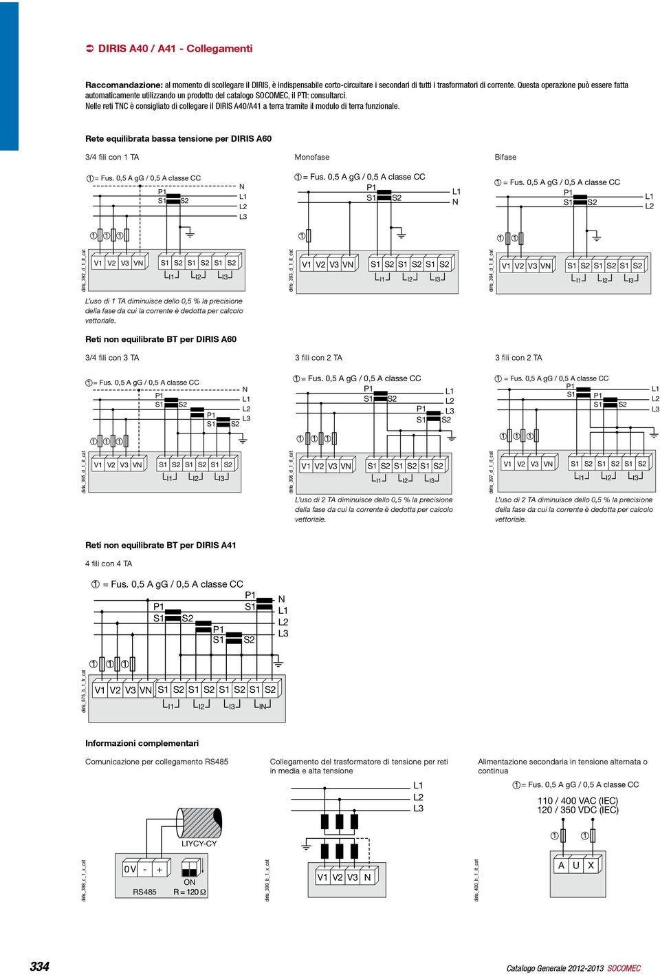 elle reti TC è consigliato di collegare il /A4 a terra tramite il modulo di terra funzionale. Rete equilibrata bassa tensione per DIRIS A60 3/4 fili con TA Monofase Bifase = Fus.