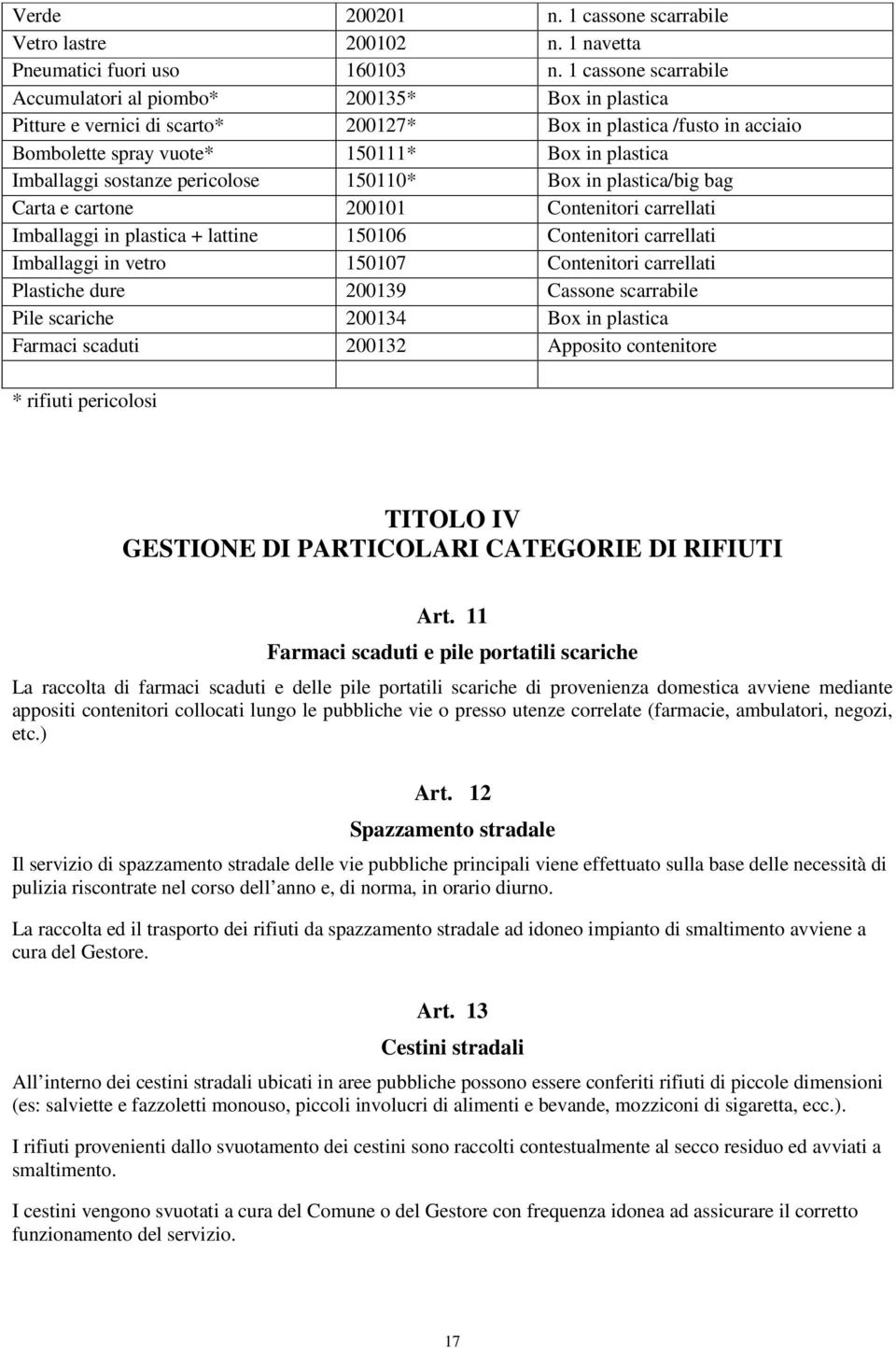 sostanze pericolose 150110* Box in plastica/big bag Carta e cartone 200101 Contenitori carrellati Imballaggi in plastica + lattine 150106 Contenitori carrellati Imballaggi in vetro 150107 Contenitori