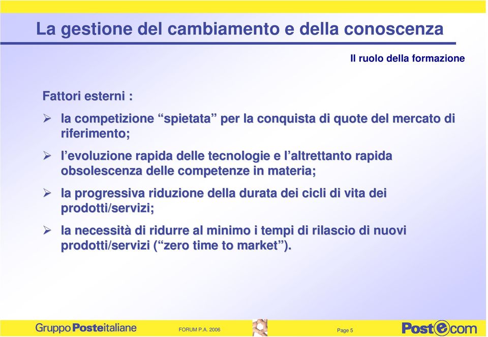 obsolescenza delle competenze in materia; la progressiva riduzione della durata dei cicli di vita dei prodotti/servizi;