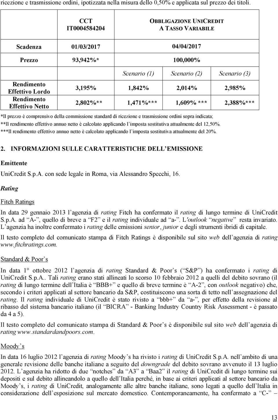 Scenario (3) 3,195% 1,842% 2,014% 2,985% 2,802%** 1,471%*** 1,609% *** 2,388%*** *Il prezzo è comprensivo della commissione standard di ricezione e trasmissione ordini sopra indicata; **Il rendimento