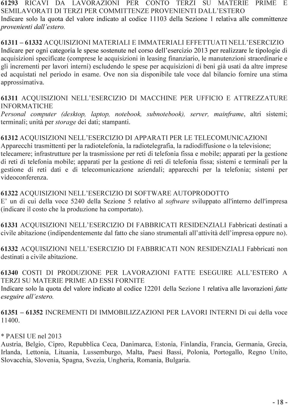 61311 61332 ACQUISIZIONI MATERIALI E IMMATERIALI EFFETTUATI NELL ESERCIZIO Indicare per ogni categoria le spese sostenute nel corso dell esercizio 2013 per realizzare le tipologie di acquisizioni