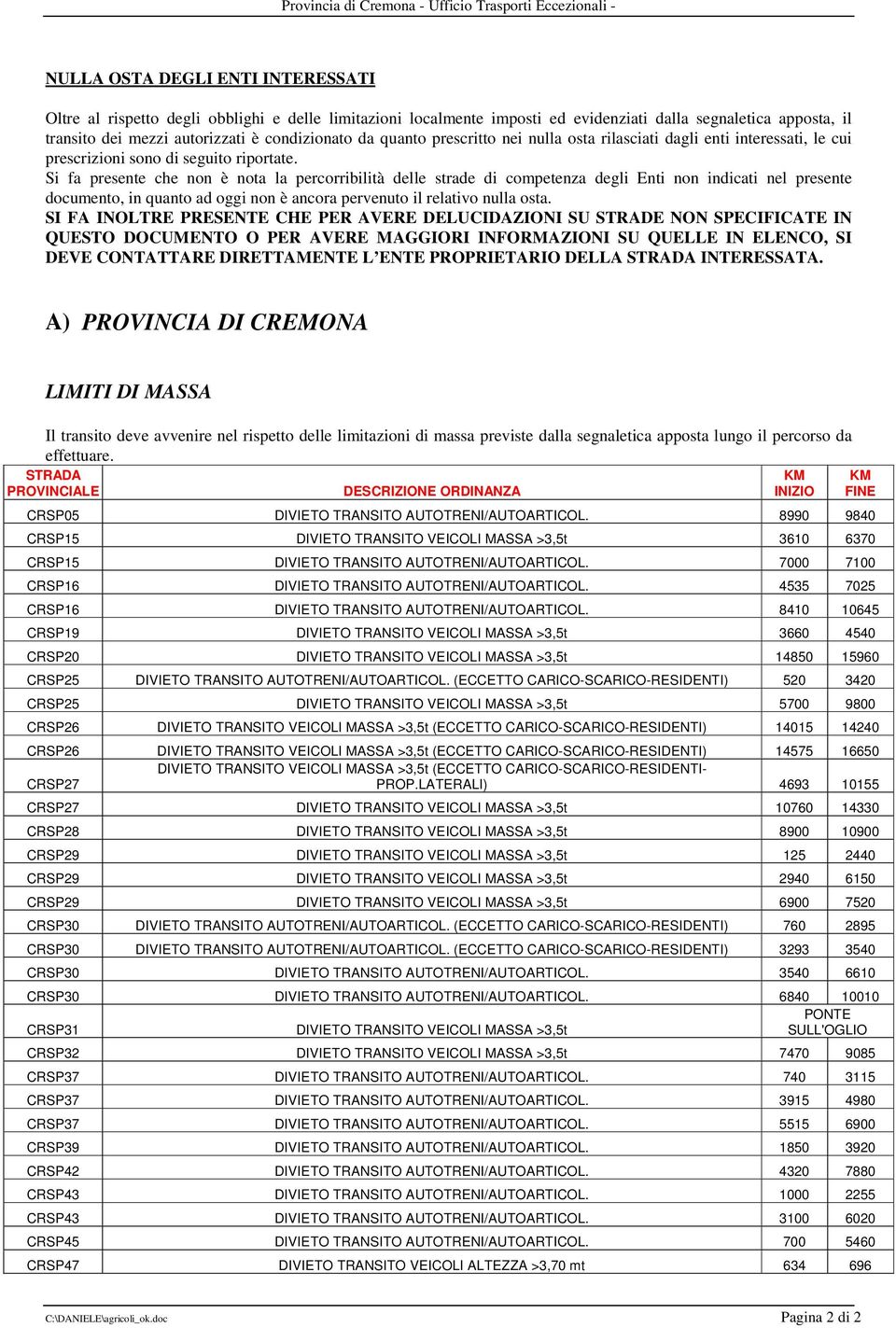 Si fa presente che non è nota la percorribilità delle strade di competenza degli Enti non indicati nel presente documento, in quanto ad oggi non è ancora pervenuto il relativo nulla osta.