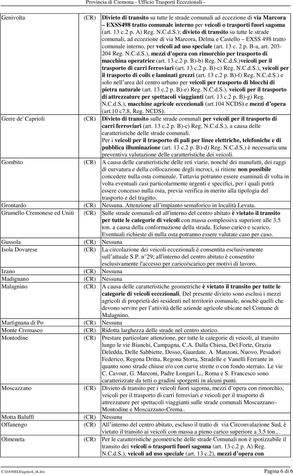 ); divieto di transito su tutte le strade comunali, ad eccezione di via Marcora, Delma e Castello EXSS 498 tratto comunale interno, per veicoli ad uso speciale (art. 13 c. 2 p. B-a, art. 203-204 Reg.