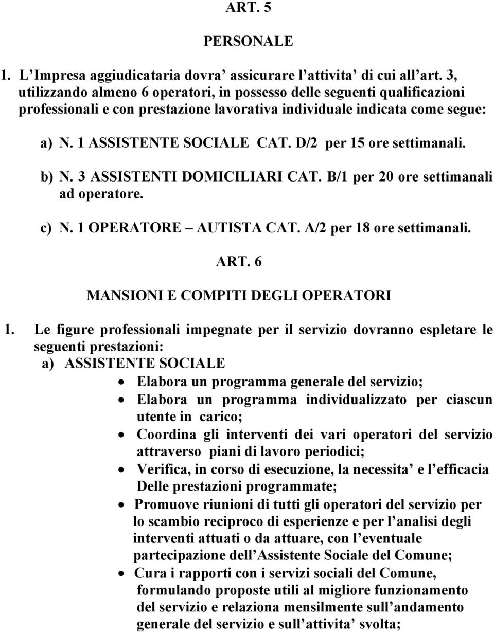 D/2 per 15 ore settimanali. b) N. 3 ASSISTENTI DOMICILIARI CAT. B/1 per 20 ore settimanali ad operatore. c) N. 1 OPERATORE AUTISTA CAT. A/2 per 18 ore settimanali. ART.