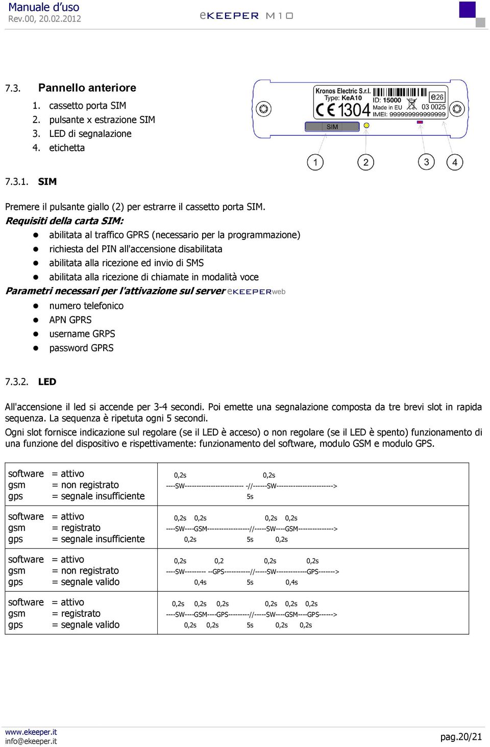 ricezione di chiamate in modalità voce Parametri necessari per l'attivazione sul server ekeeperweb numero telefonico APN GPRS username GRPS password GPRS 7.3.2.