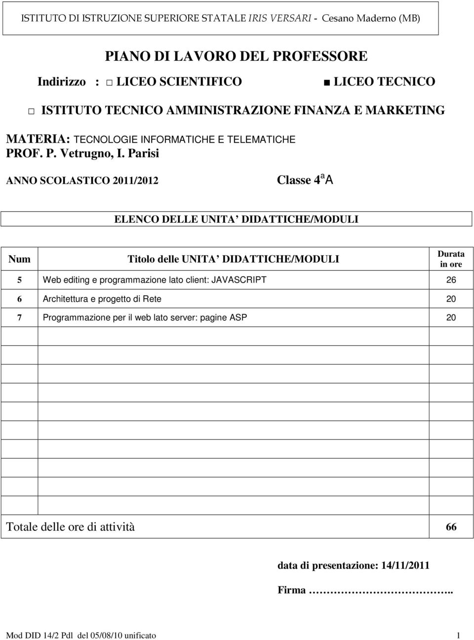 Parisi ANNO SCOLASTICO 2011/2012 Classe 4 a A ELENCO DELLE UNITA DIDATTICHE/MODULI Num Titolo delle UNITA DIDATTICHE/MODULI 5 Web editing e programmazione lato client: