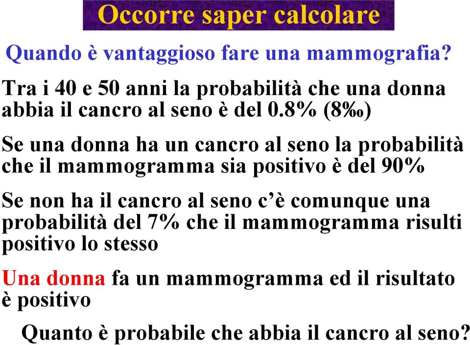 8% (8 ) Se una donna ha un cancro al seno la probabilità che il mammogramma sia positivo è del 90% Se non ha il