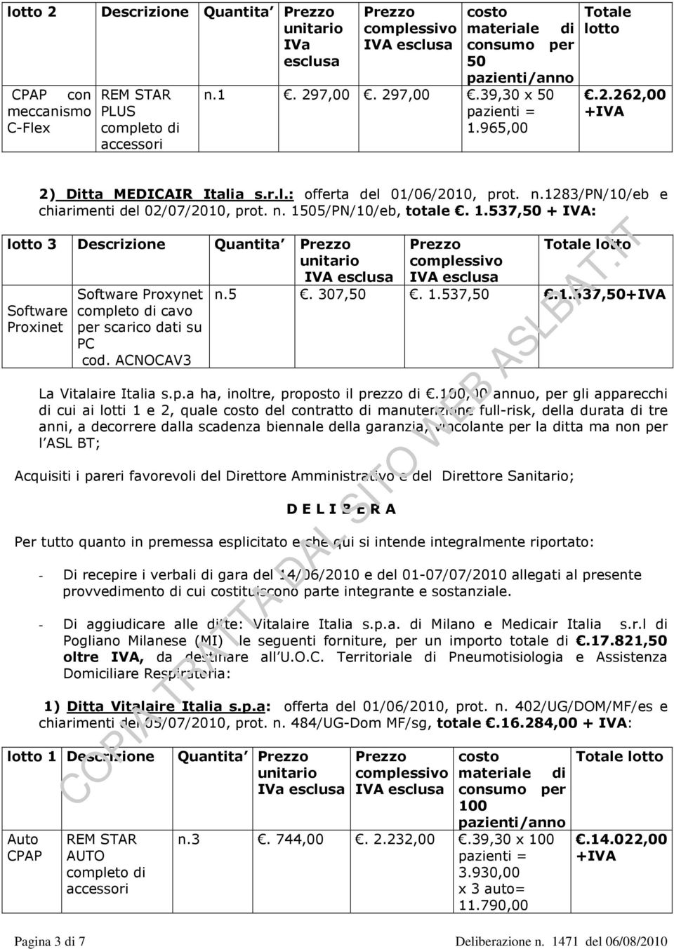 05/PN/10/eb, totale. 1.537,50 + IVA: lotto 3 Descrizione Quantita Prezzo Software Proxinet Software Proxynet cavo per scarico dati su PC cod. ACNOCAV3 Prezzo Totale lotto complessivo n.5. 307,50. 1.537,50.1.537,50 La Vitalaire Italia s.