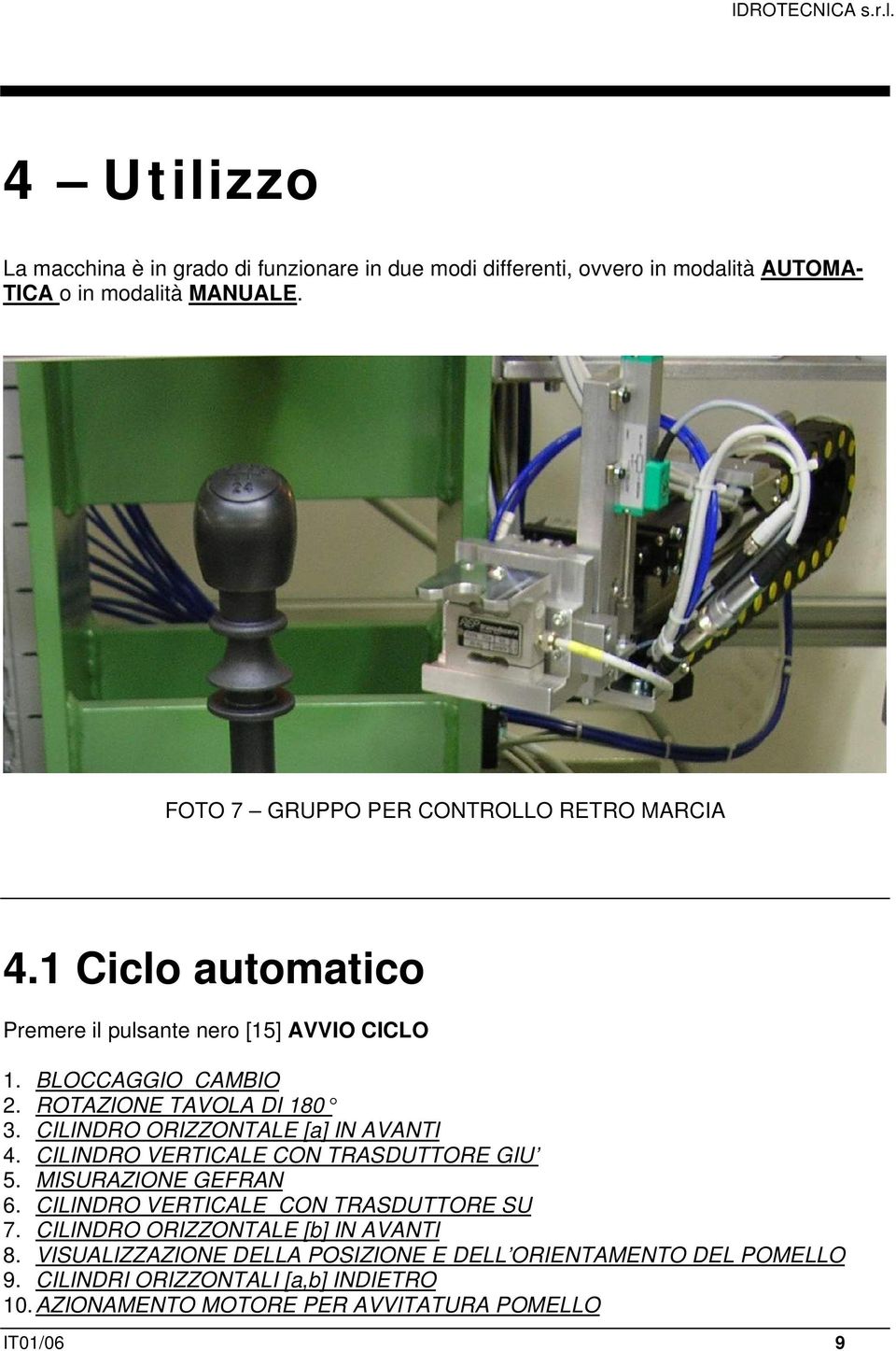 CILINDRO ORIZZONTALE [a] IN AVANTI 4. CILINDRO VERTICALE CON TRASDUTTORE GIU 5. MISURAZIONE GEFRAN 6. CILINDRO VERTICALE CON TRASDUTTORE SU 7.