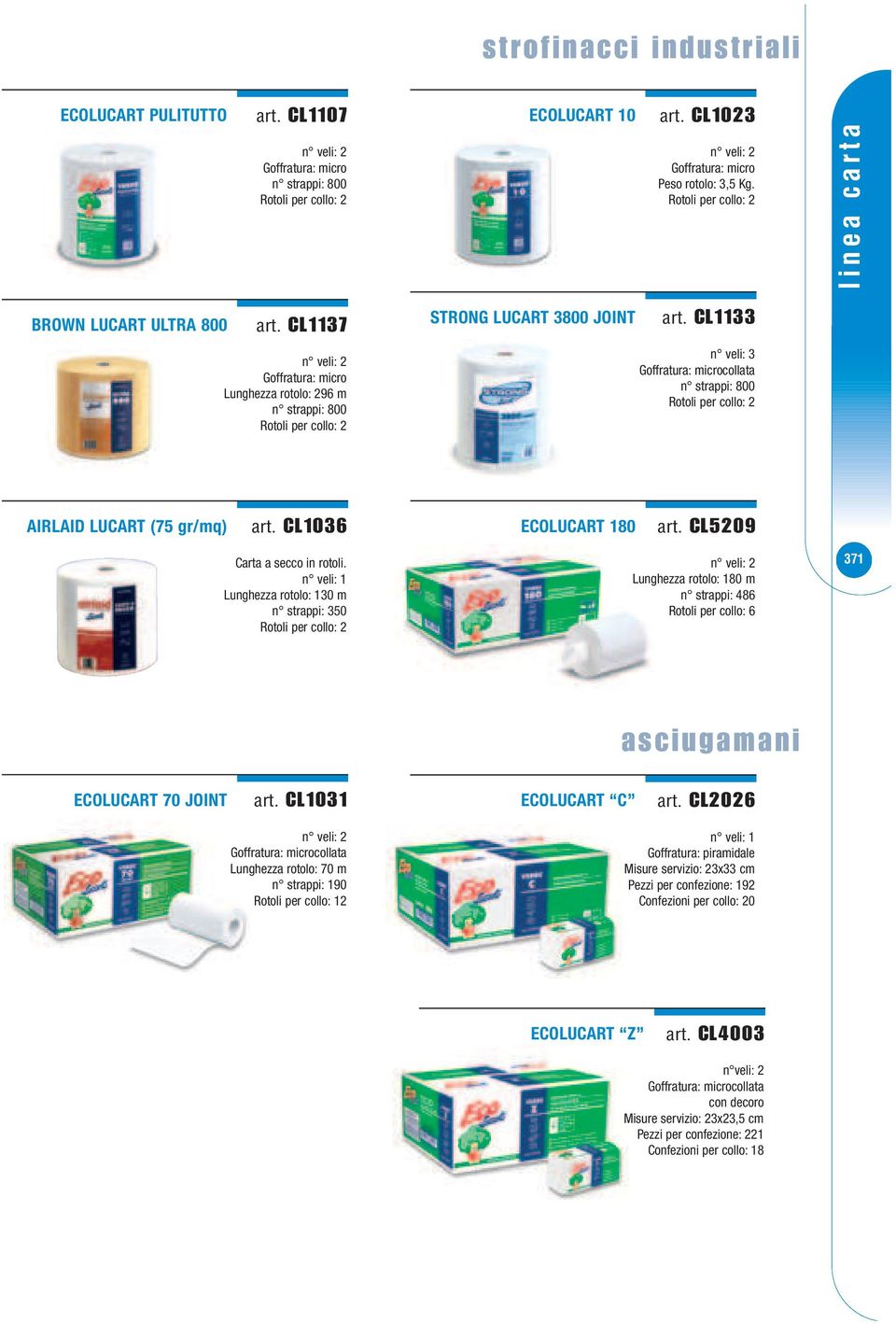 CL1133 n veli: 3 Goffratura: microcollata n strappi: 800 Rotoli per collo: 2 AIRLAID LUCART (75 gr/mq) art. CL1036 ECOLUCART 180 art. CL5209 Carta a secco in rotoli.