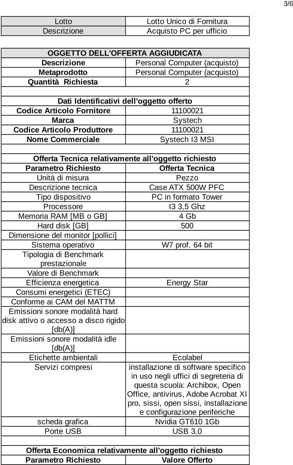 all'oggetto richiesto Parametro Richiesto Offerta Tecnica Unità di misura Pezzo Descrizione tecnica Case ATX 500W PFC Tipo dispositivo PC in formato Tower Processore I3 3,5 Ghz Memoria RAM [MB o GB]