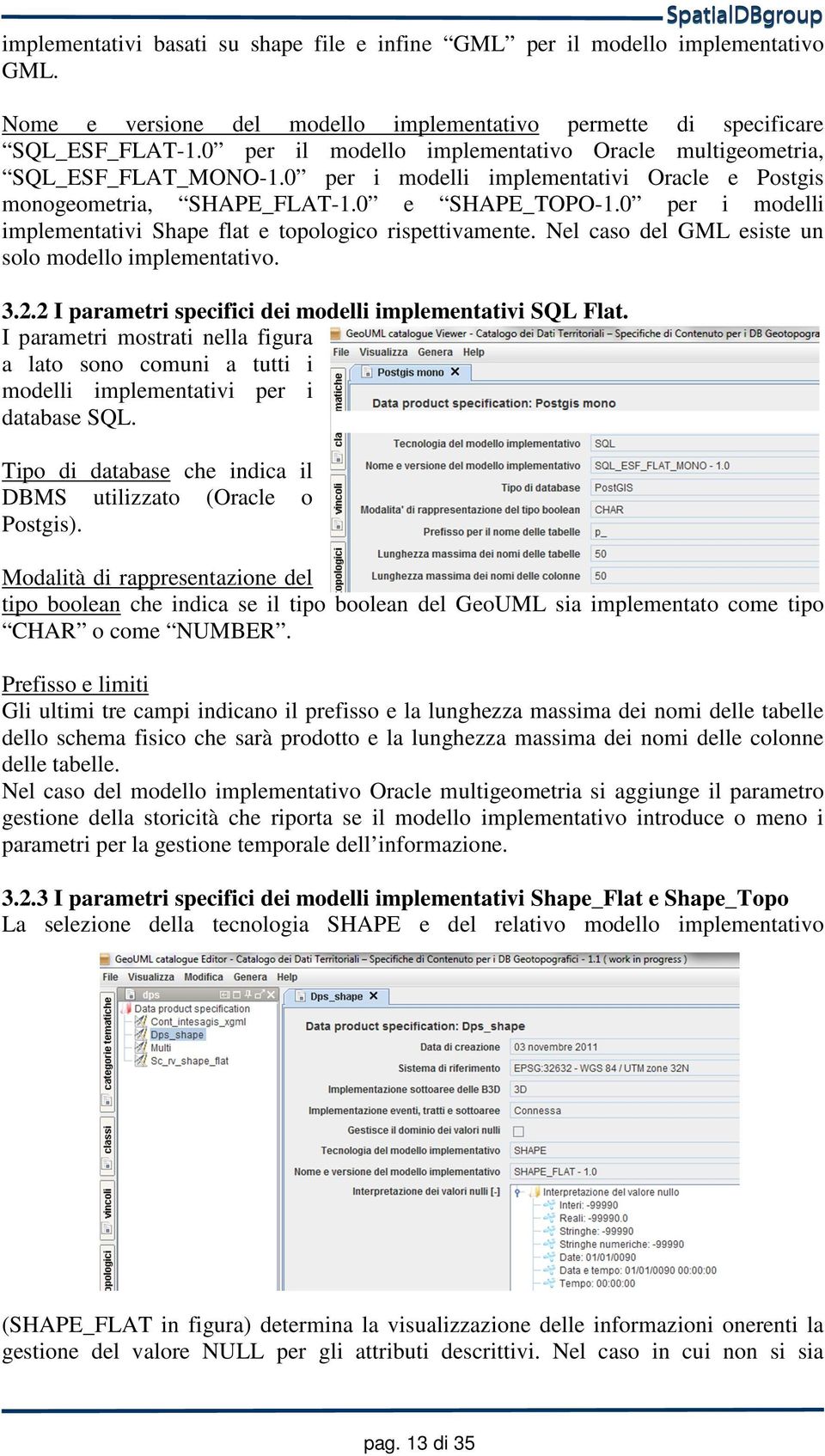 0 per i modelli implementativi Shape flat e topologico rispettivamente. Nel caso del GML esiste un solo modello implementativo. 3.2.2 I parametri specifici dei modelli implementativi SQL Flat.