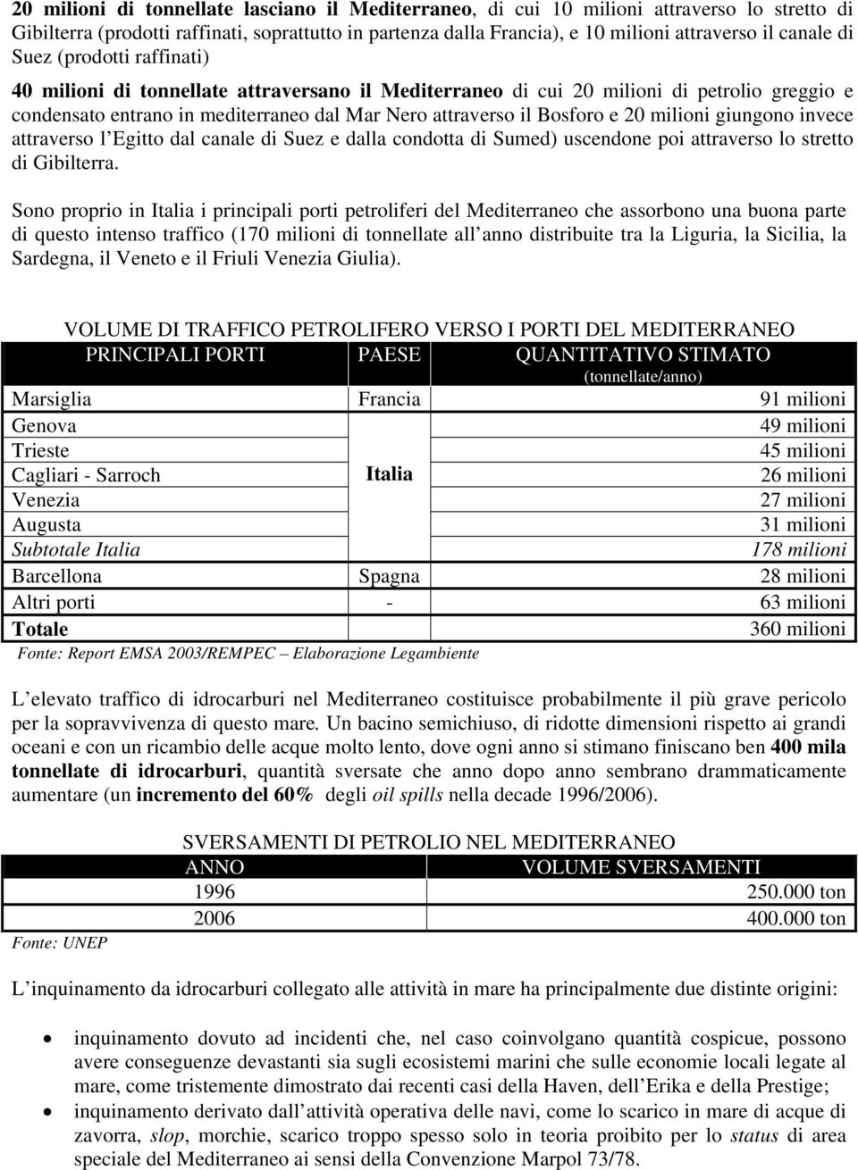 milioni giungono invece attraverso l Egitto dal canale di Suez e dalla condotta di Sumed) uscendone poi attraverso lo stretto di Gibilterra.