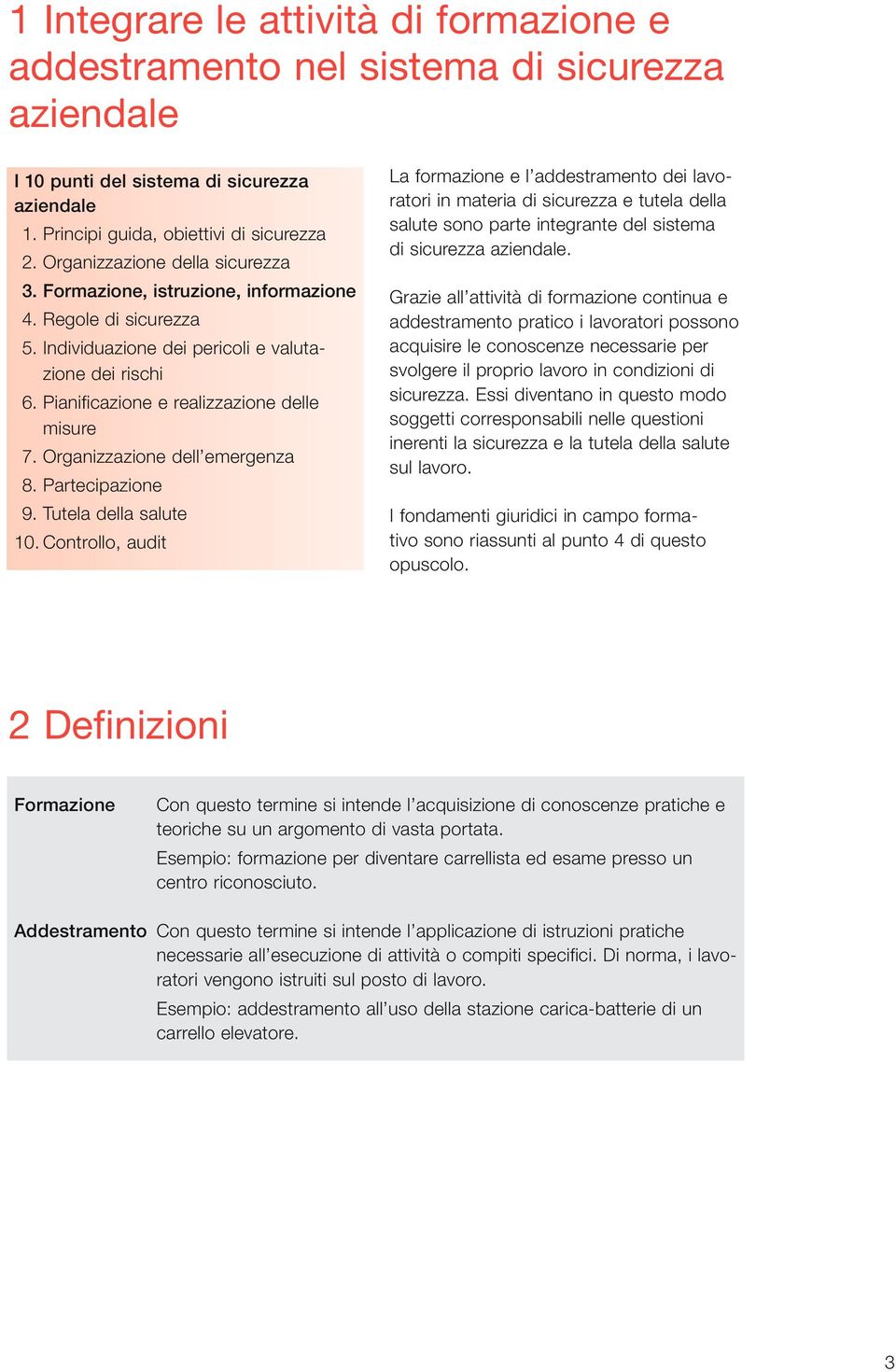 Pianificazione e realizzazione delle misure 7. Organizzazione dell emergenza 8. Partecipazione 9. Tutela della salute 10.