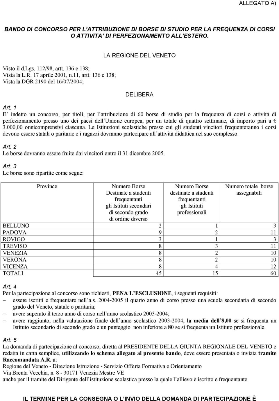 1 E indetto un concorso, per titoli, per l attribuzione di 60 borse di studio per la frequenza di corsi o attività di perfezionamento presso uno dei paesi dell Unione europea, per un totale di