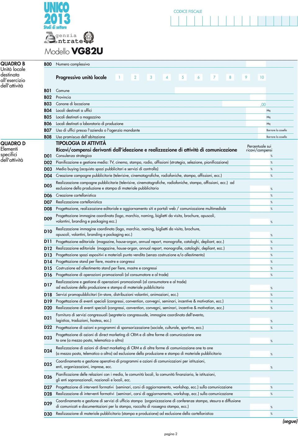 abitazione TIPOLOGIA DI ATTIVITÀ Percentuale sui Ricavi/compensi derivanti dall ideazione e realizzazione di attività di comunicazione ricavi/compensi D0 D0 D03 D04 Consulenza strategica