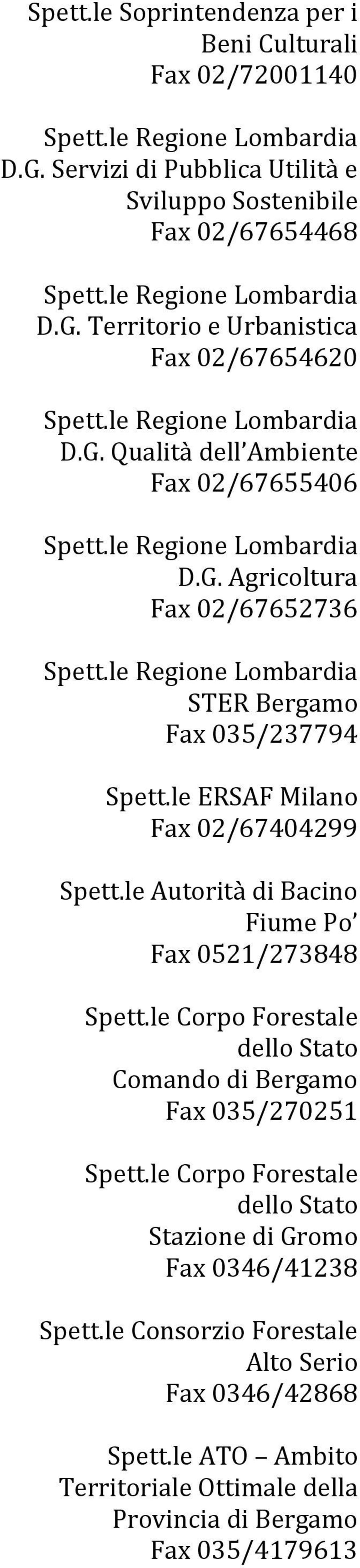 le Autorità di Bacino Fiume Po Fax 0521/273848 Spett.le Corpo Forestale dello Stato Comando di Fax 035/270251 Spett.