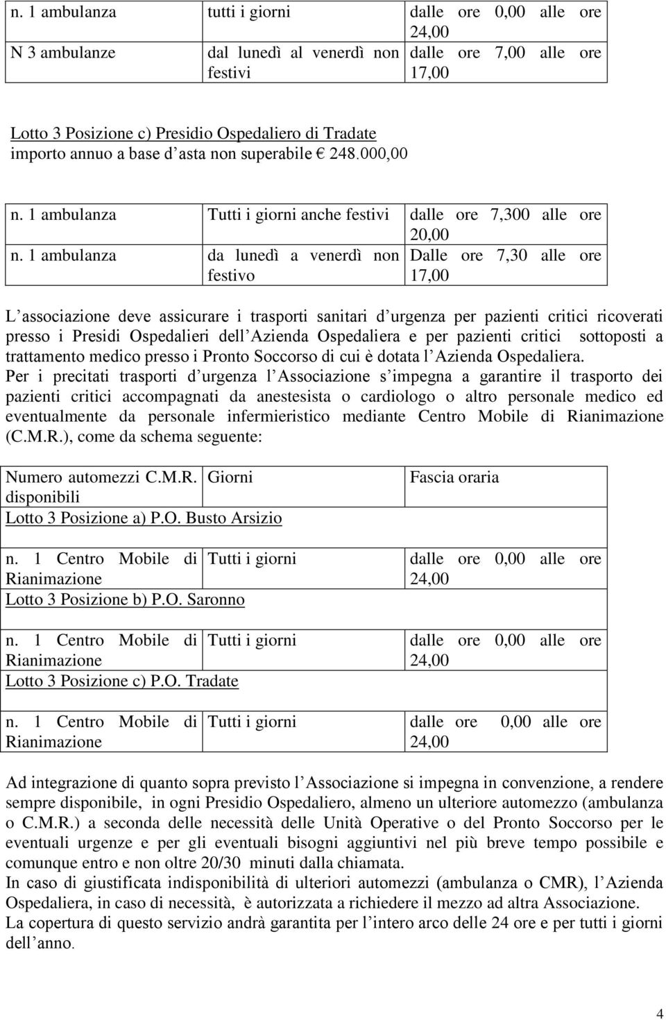 1 ambulanza da lunedì a venerdì non Dalle ore 7,30 alle ore festivo 17,00 L associazione deve assicurare i trasporti sanitari d urgenza per pazienti critici ricoverati presso i Presidi Ospedalieri