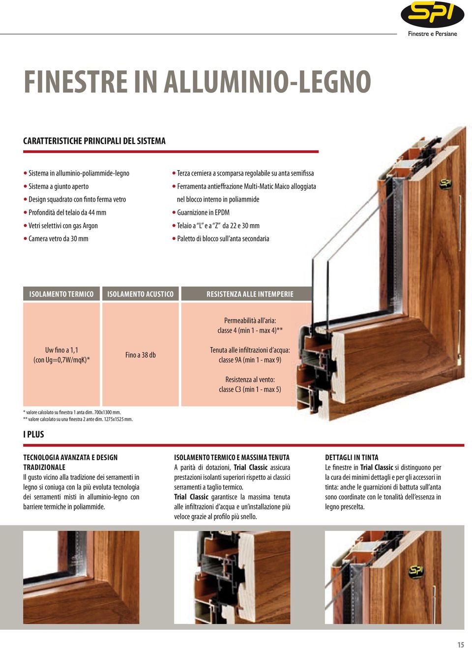 Guarnizione in EPDM Telaio a L e a Z da 22 e 30 mm Paletto di blocco sull anta secondaria ISOLAMENTO TERMICO ISOLAMENTO ACUSTICO RESISTENZA ALLE INTEMPERIE Uw fino a 1,1 (con Ug=0,7W/mqK)* Fino a 38