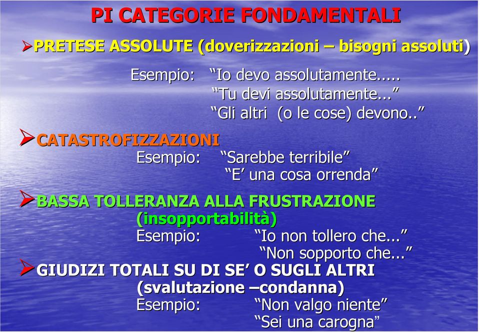 . CATASTROFIZZAZIONI Esempio: Sarebbe terribile E una cosa orrenda BASSA TOLLERANZA ALLA FRUSTRAZIONE