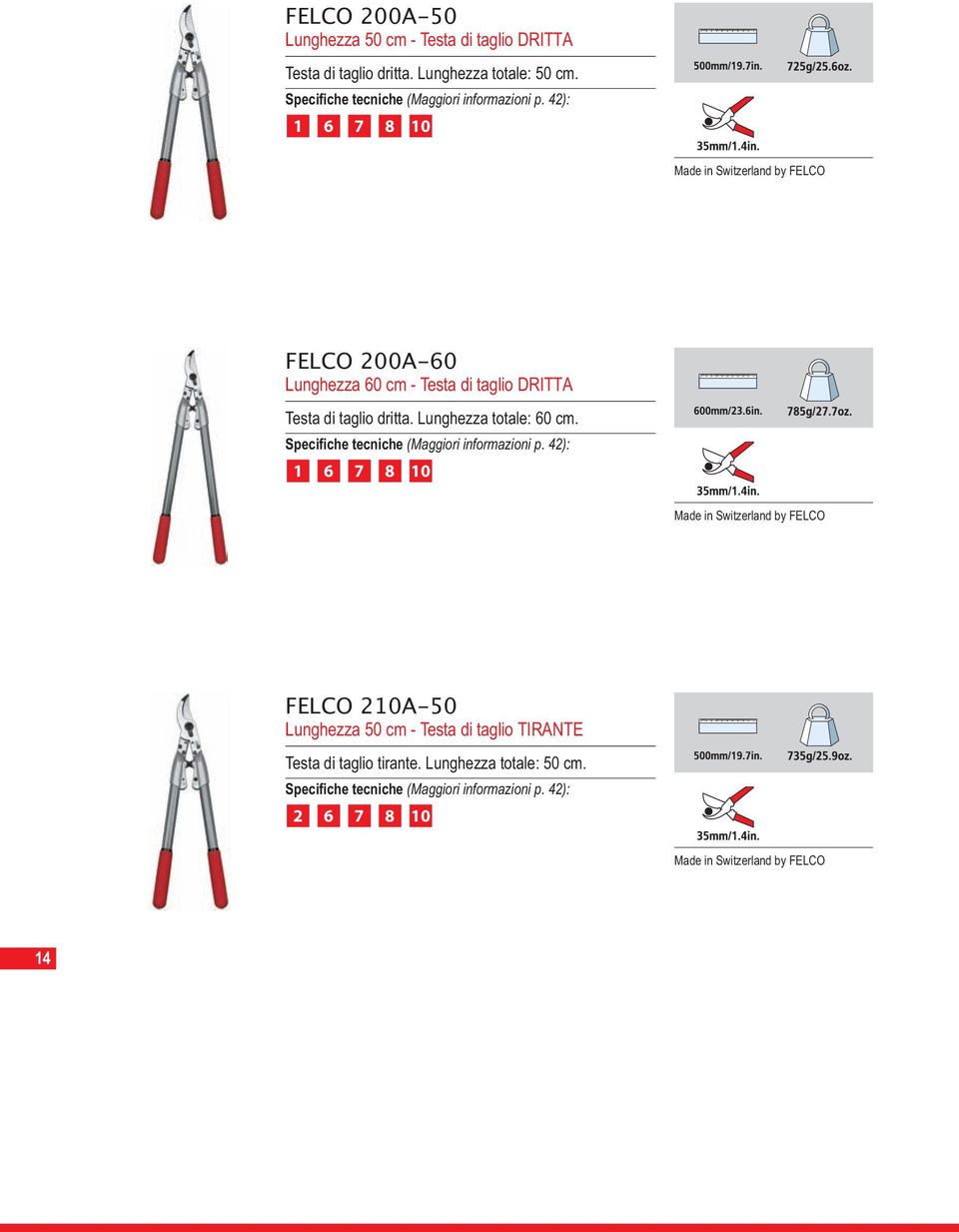 42): 1 6 7 8 10 FELCO 200A-60 Lunghezza 60 cm - Testa di taglio DRITTA Testa di taglio dritta. Lunghezza totale: 60 cm.