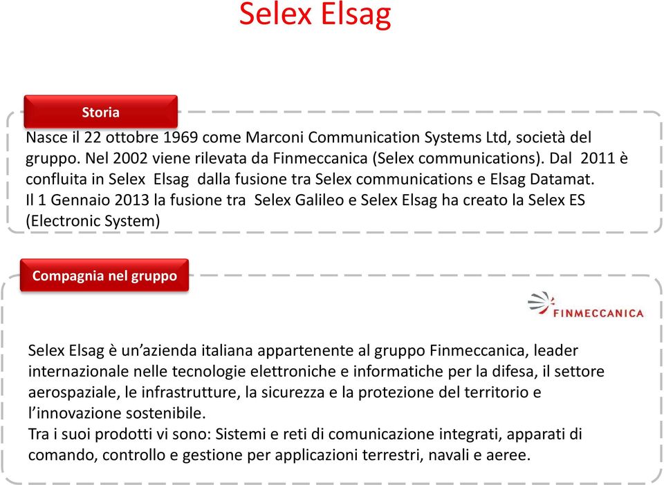 Il 1 Gennaio 2013 la fusione tra Selex Galileo e Selex Elsag ha creato la Selex ES (Electronic System) Compagnia nel gruppo SelexElsag è un azienda italiana appartenente al gruppo Finmeccanica,