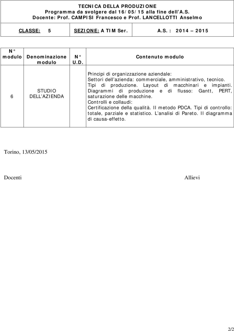 Layout di macchinari e impianti. Diagrammi di produzione e di flusso: Gantt, PERT, saturazione delle macchine. Controlli e collaudi: Certificazione della qualità.