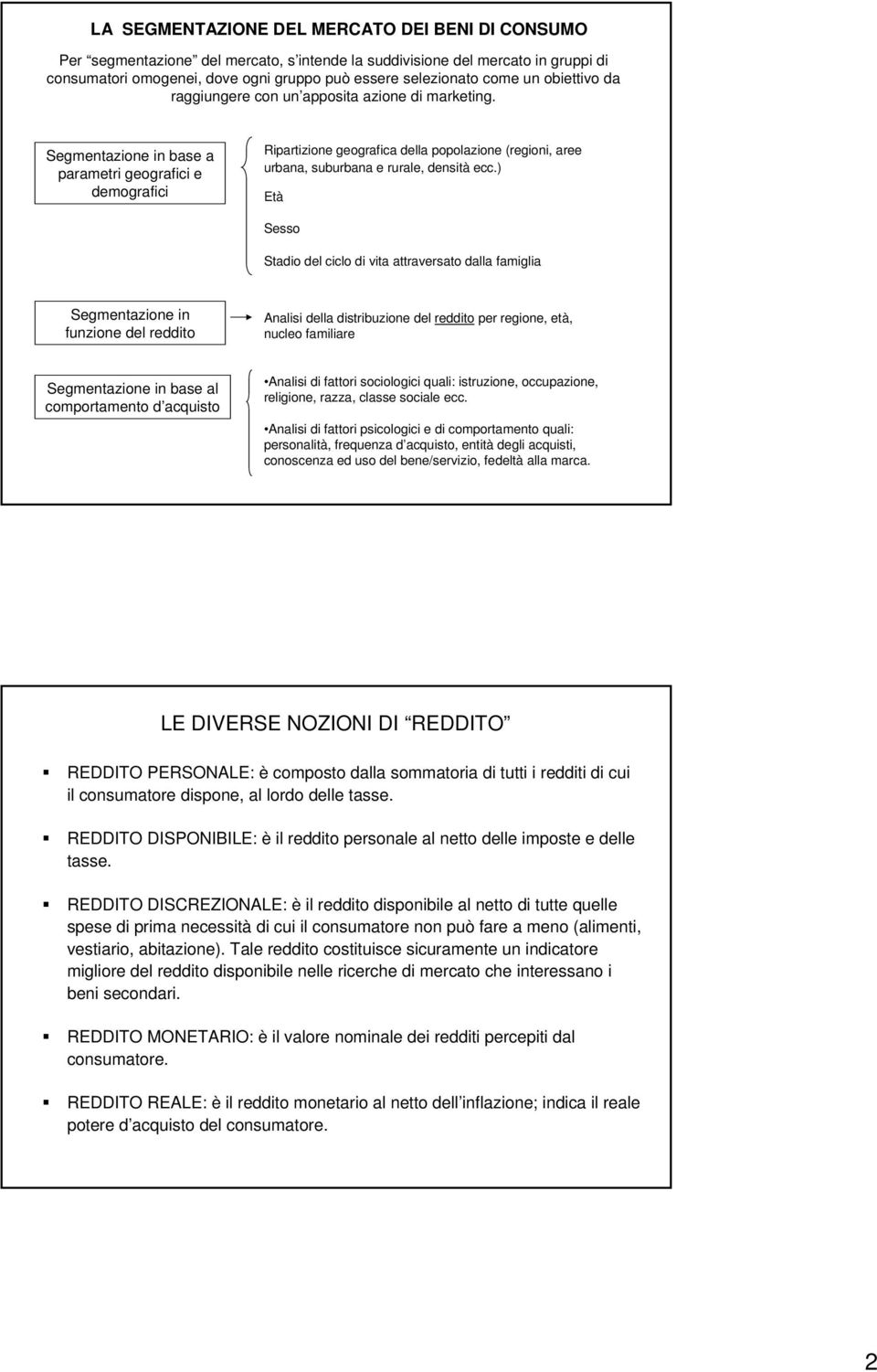 Segmentazione in base a parametri geografici e demografici Ripartizione geografica della popolazione (regioni, aree urbana, suburbana e rurale, densità ecc.