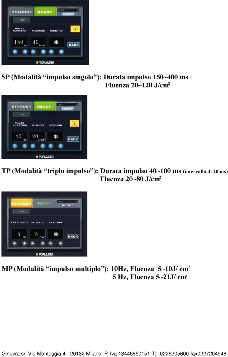 40~100 ms (intervallo di 20 ms) Fluenza 20~80 J/cm 2 MP (Modalità