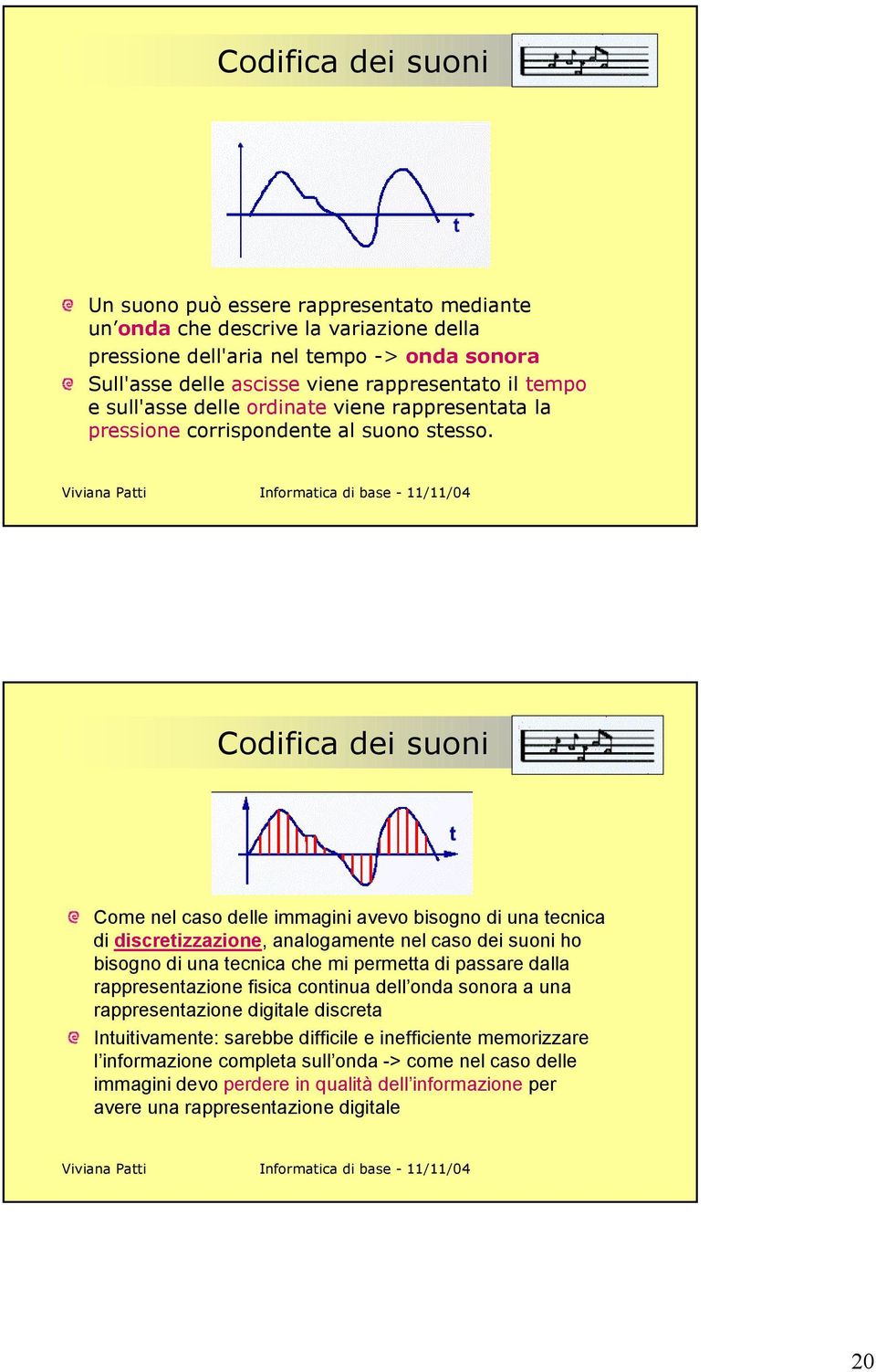 Codifica dei suoni Come nel caso delle immagini avevo bisogno di una tecnica di discretizzazione, analogamente nel caso dei suoni ho bisogno di una tecnica che mi permetta di passare dalla